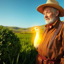 A farmer in a lush green field discovering a radiant golden goose near a bush