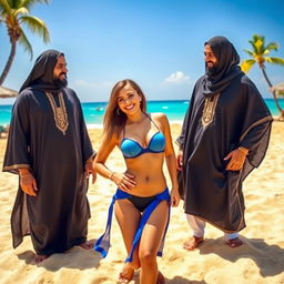 A sensual woman wearing a stylish bikini on a sunny beach, surrounded by two Muslim men dressed in traditional attire, showcasing their cultural heritage