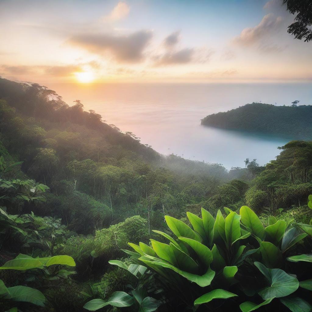 A high-quality, cinematic image capturing a dreamy sunrise over a foggy sea, with a lush jungle in the foreground, taken from an elevated viewpoint