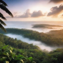 A high-quality, cinematic image capturing a dreamy sunrise over a foggy sea, with a lush jungle in the foreground, taken from an elevated viewpoint