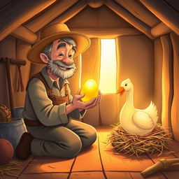 A whimsical illustration of a farmer in a small rustic hut, filled with warm, soft light