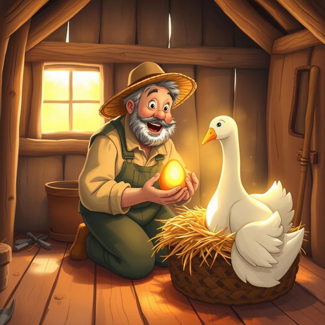 A whimsical illustration of a farmer in a small rustic hut, filled with warm, soft light