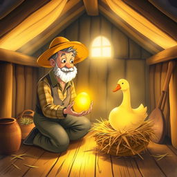 A whimsical illustration of a farmer in a small rustic hut, filled with warm, soft light