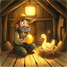 A whimsical illustration of a farmer in a small rustic hut, filled with warm, soft light