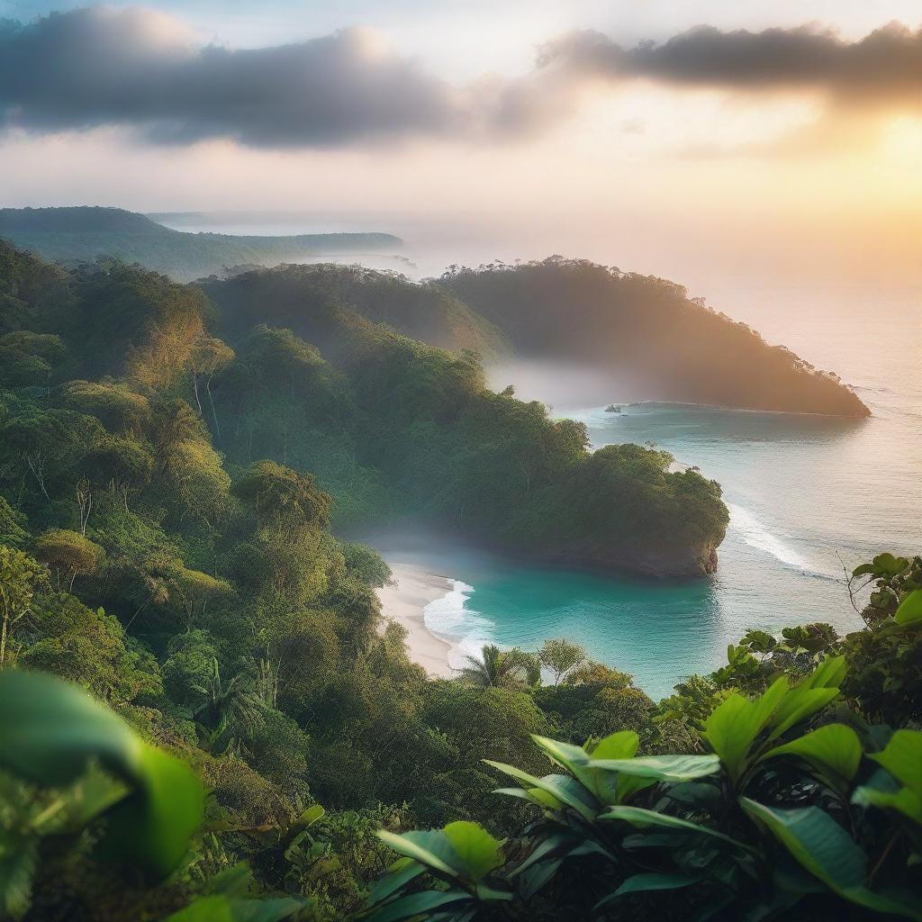 A high-quality, cinematic image capturing a dreamy sunrise over a foggy sea, with a lush jungle in the foreground, taken from an elevated viewpoint