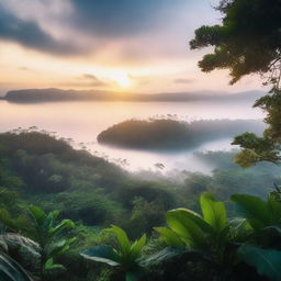 A high-quality, cinematic image capturing a dreamy sunrise over a foggy sea, with a lush jungle in the foreground, taken from an elevated viewpoint