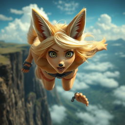 A beautiful blonde anthro fox woman with large expressive eyes, her fur bright and vibrant against a dramatic backdrop of a cliff