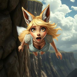 A beautiful blonde anthro fox woman with large expressive eyes, her fur bright and vibrant against a dramatic backdrop of a cliff