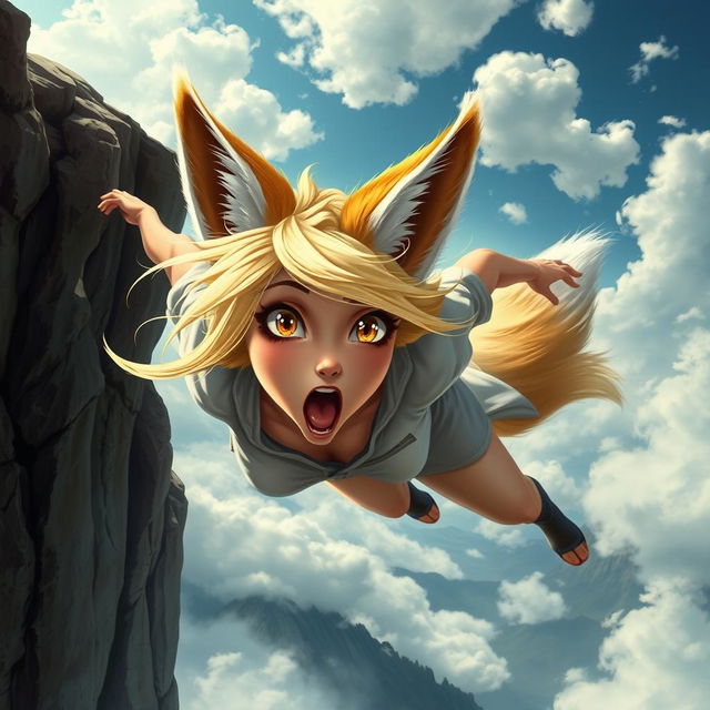 A beautiful blonde anthro fox woman with large expressive eyes, her fur bright and vibrant against a dramatic backdrop of a cliff