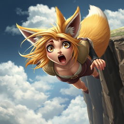 A beautiful blonde anthro fox woman with large expressive eyes, her fur bright and vibrant against a dramatic backdrop of a cliff