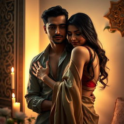 A sensual and artistic representation of an interfaith couple, featuring a diverse man and woman embracing in a warm and intimate setting