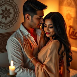 A sensual and artistic representation of an interfaith couple, featuring a diverse man and woman embracing in a warm and intimate setting