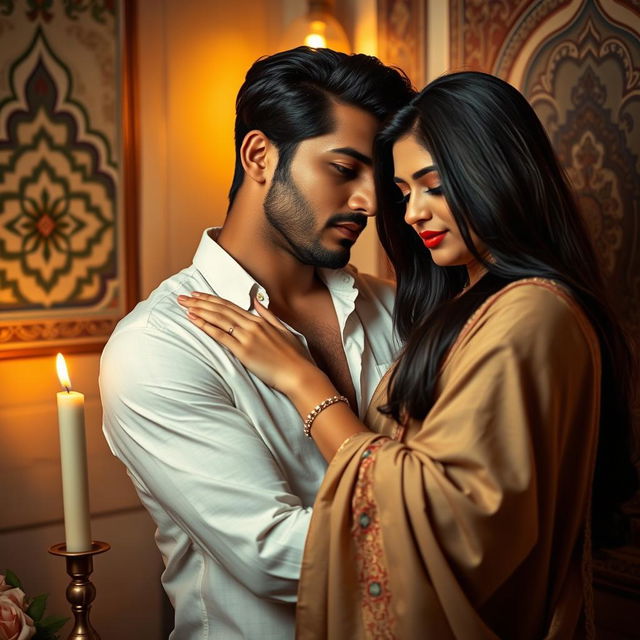 A sensual and artistic representation of an interfaith couple, featuring a diverse man and woman embracing in a warm and intimate setting