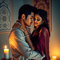 A sensual and artistic representation of an interfaith couple, featuring a diverse man and woman embracing in a warm and intimate setting