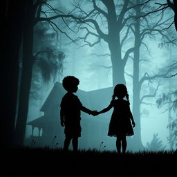 A shadowy silhouette of a young boy and girl, hand in hand, standing in a mystical forest