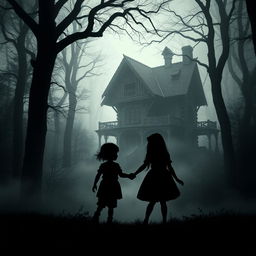A shadowy silhouette of a young boy and girl, hand in hand, standing in a mystical forest