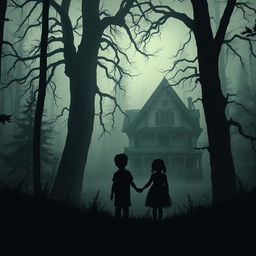 A shadowy silhouette of a young boy and girl, hand in hand, standing in a mystical forest