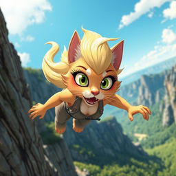 A stunning, anthropomorphic blonde cat woman in a cartoon style, with her fur shimmering in the sunlight, wearing a stylish outfit
