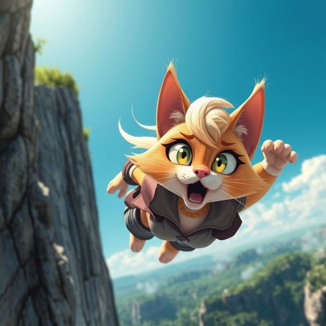 A stunning, anthropomorphic blonde cat woman in a cartoon style, with her fur shimmering in the sunlight, wearing a stylish outfit