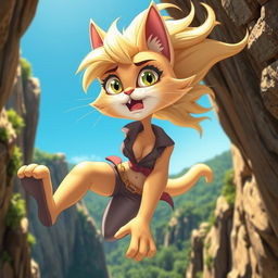 A stunning, anthropomorphic blonde cat woman in a cartoon style, with her fur shimmering in the sunlight, wearing a stylish outfit