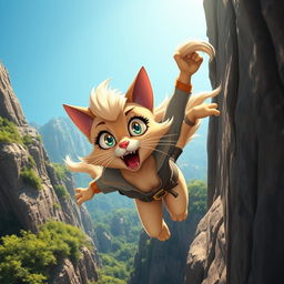 A stunning, anthropomorphic blonde cat woman in a cartoon style, with her fur shimmering in the sunlight, wearing a stylish outfit
