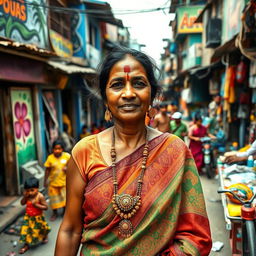A Hindu woman in a vibrant, bustling slum setting