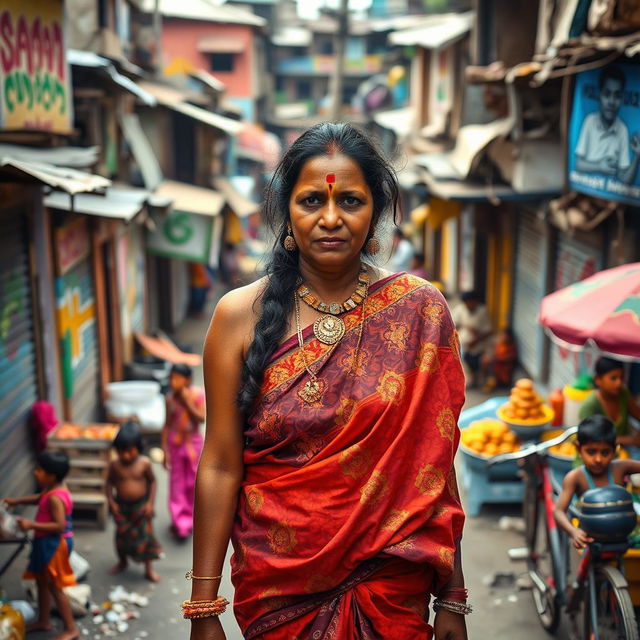 A Hindu woman in a vibrant, bustling slum setting