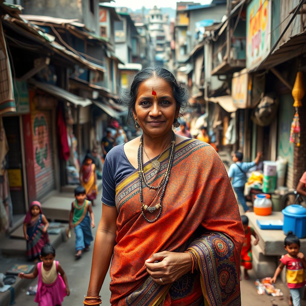 A Hindu woman in a vibrant, bustling slum setting