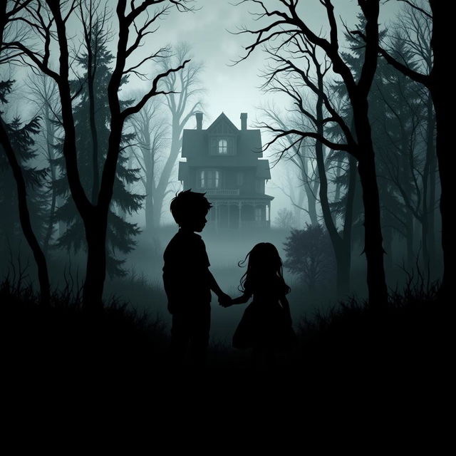 A shadowy silhouette of a boy and a girl, hand in hand, standing in a mysterious forest