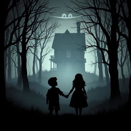A shadowy silhouette of a boy and a girl, hand in hand, standing in a mysterious forest