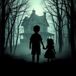 A shadowy silhouette of a boy and a girl, hand in hand, standing in a mysterious forest