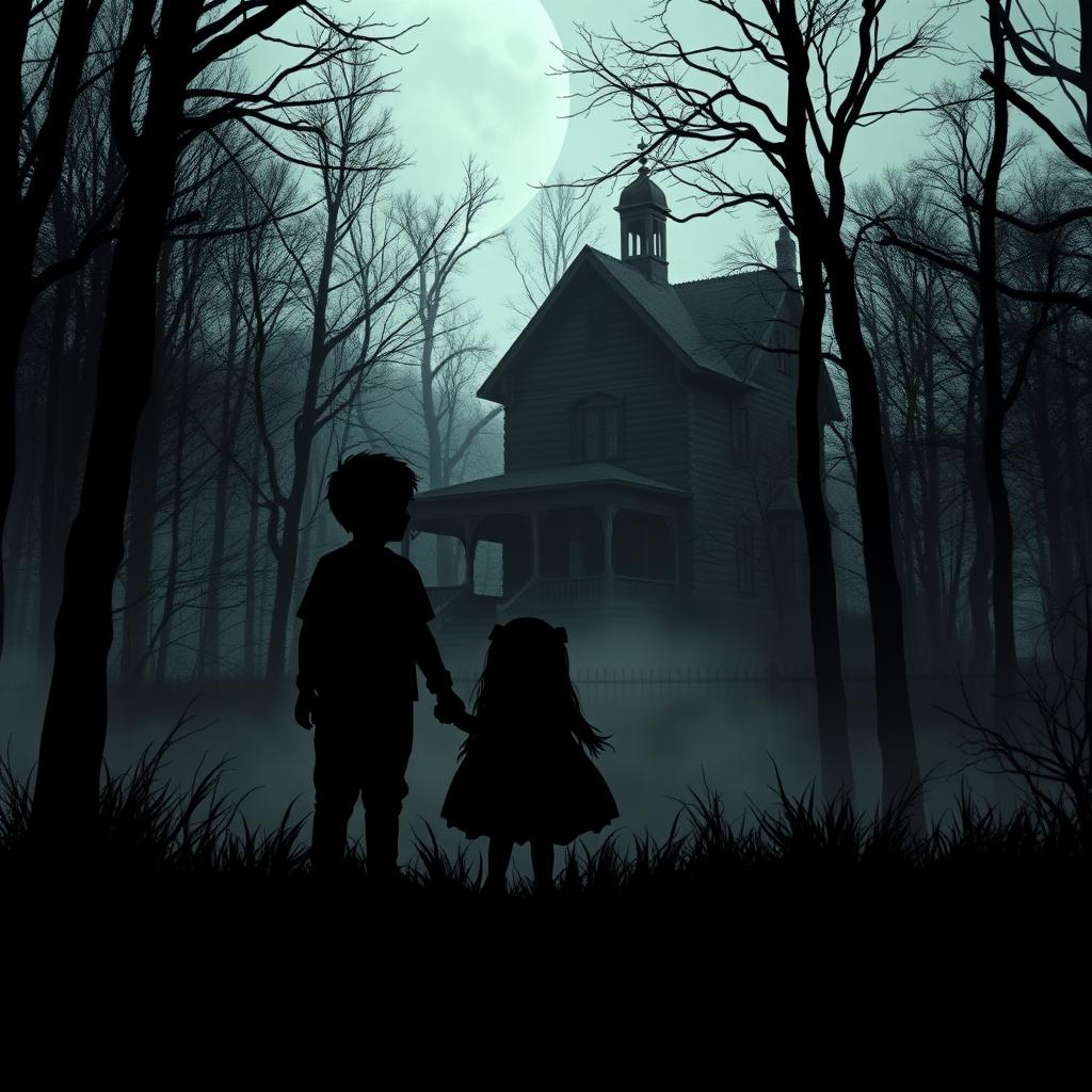 A shadowy silhouette of a boy and a girl, hand in hand, standing in a mysterious forest