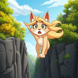 A beautiful blonde anthro cartoon cat woman with large expressive eyes and feline features, falling off a cliff with a frightened expression on her face