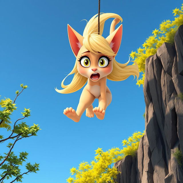 A beautiful blonde anthro cartoon cat woman with large expressive eyes and feline features, falling off a cliff with a frightened expression on her face