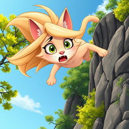 A beautiful blonde anthro cartoon cat woman with large expressive eyes and feline features, falling off a cliff with a frightened expression on her face