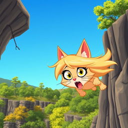 A beautiful blonde anthro cartoon cat woman with large expressive eyes and feline features, falling off a cliff with a frightened expression on her face