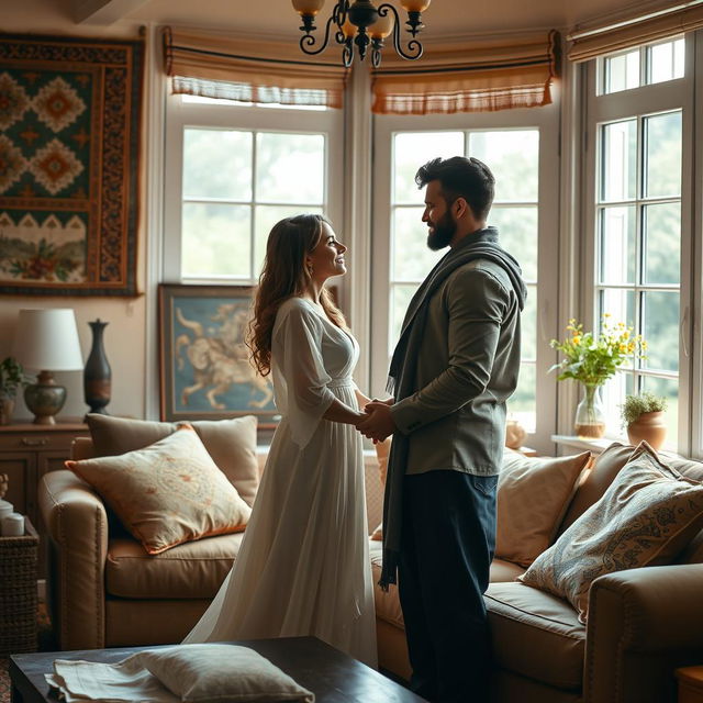 A serene and beautiful depiction of interfaith intimacy, showcasing a diverse couple engaged in a tender moment