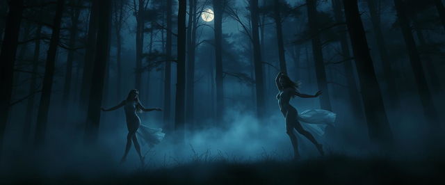 A mesmerizing digital painting depicting beautiful nude women dancing gracefully in a forest enveloped in soft fog during the night