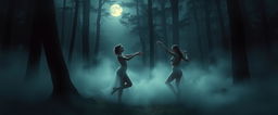 A mesmerizing digital painting depicting beautiful nude women dancing gracefully in a forest enveloped in soft fog during the night