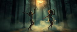 A mesmerizing digital painting depicting beautiful nude women dancing gracefully in a forest enveloped in soft fog during the night