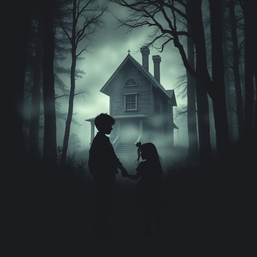 A shadowy silhouette of a teenage boy and a young girl, holding hands, set against a mystical forest