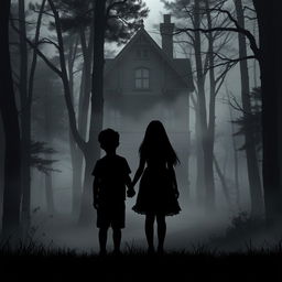 A shadowy silhouette of a teenage boy and a young girl, holding hands, set against a mystical forest