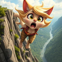 A beautiful blonde anthropomorphic cartoon cat woman with big expressive eyes is falling off a cliff, her hair flowing in the wind and her outfit vibrant and stylish