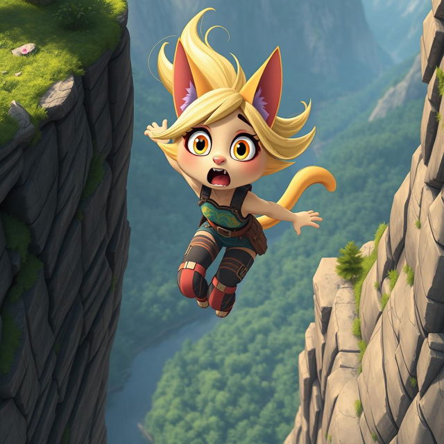 A beautiful blonde anthropomorphic cartoon cat woman with big expressive eyes is falling off a cliff, her hair flowing in the wind and her outfit vibrant and stylish