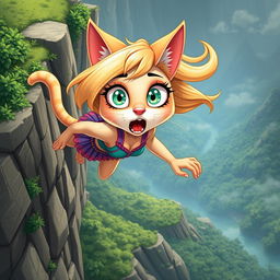 A beautiful blonde anthropomorphic cartoon cat woman with big expressive eyes is falling off a cliff, her hair flowing in the wind and her outfit vibrant and stylish