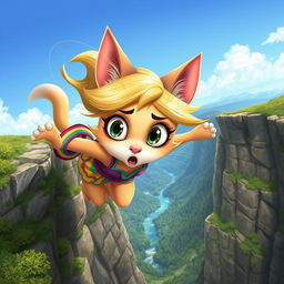 A beautiful blonde anthropomorphic cartoon cat woman with big expressive eyes is falling off a cliff, her hair flowing in the wind and her outfit vibrant and stylish
