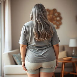 A plus-size Indian mature housewife with long graceful grey hairs, depicted from behind in a casual setting