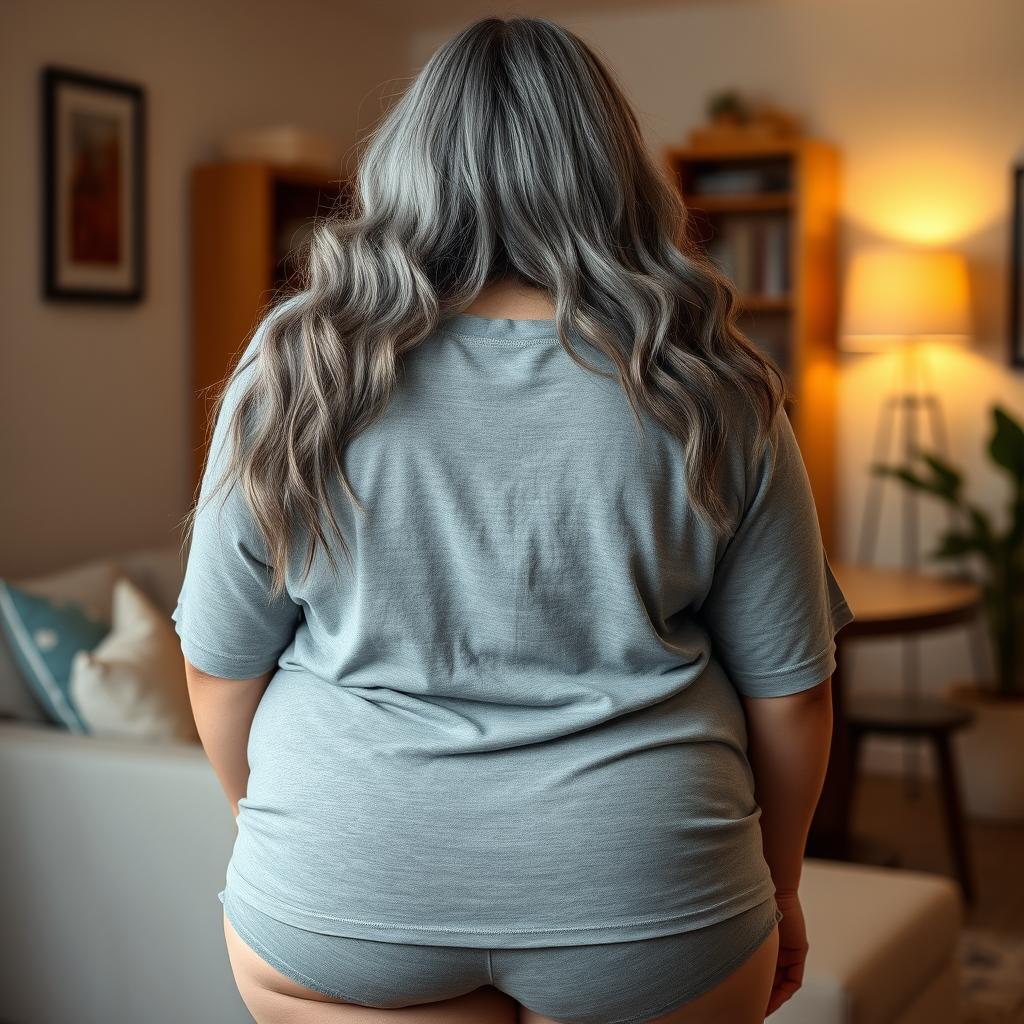 A plus-size Indian mature housewife with long graceful grey hairs, depicted from behind in a casual setting