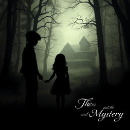 A shadowy silhouette of a 16-year-old boy and a 12-year-old girl holding hands, set against a mystic forest backdrop with a haunted wooden house looming in the distance