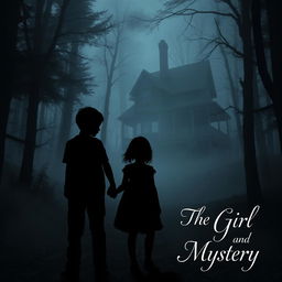 A shadowy silhouette of a 16-year-old boy and a 12-year-old girl holding hands, set against a mystic forest backdrop with a haunted wooden house looming in the distance
